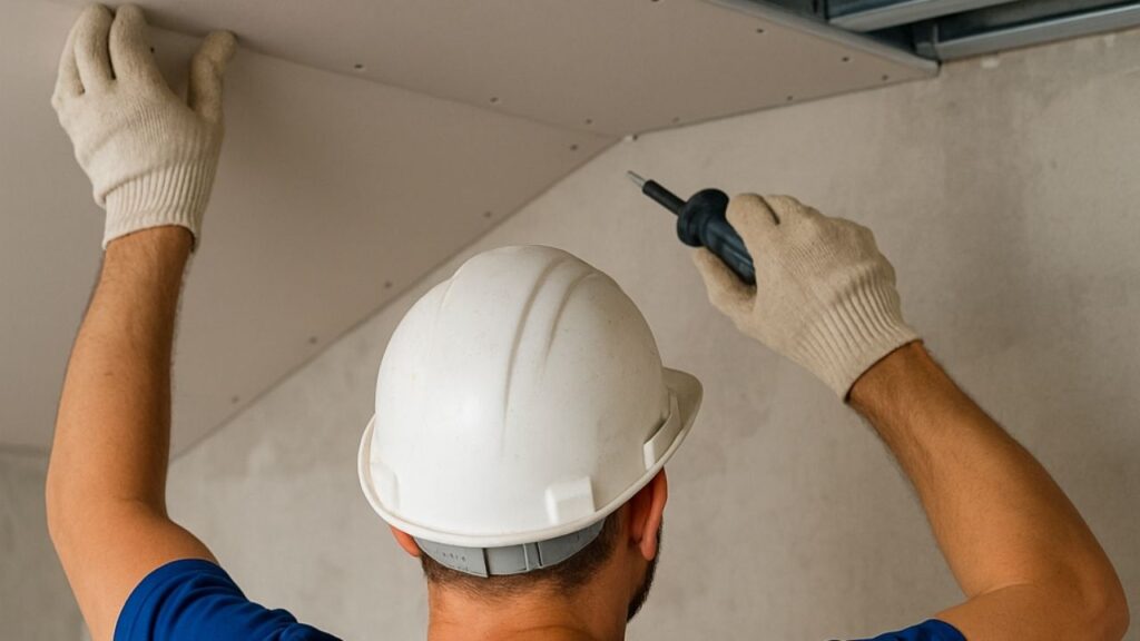 profissional realizando a instalação de um gesso acartonado