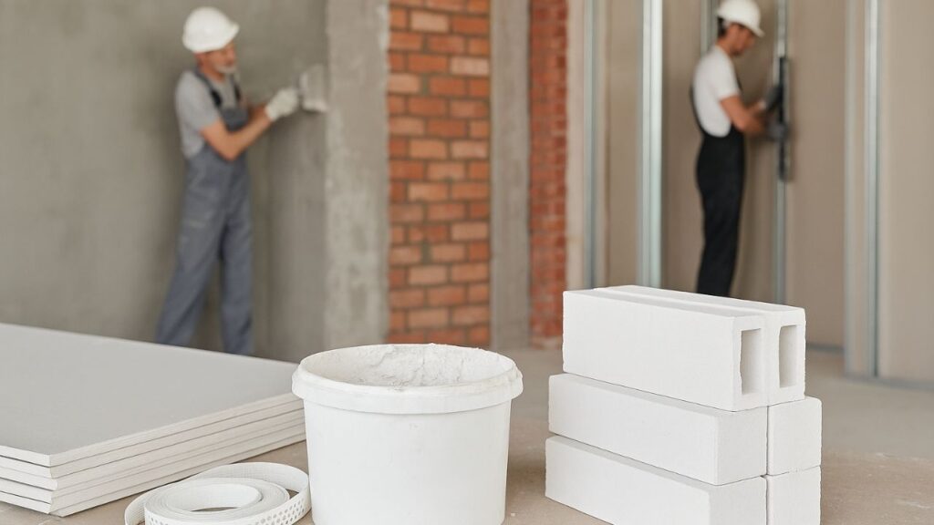 dois profissionais utilizando os principais tipos de gesso na construção